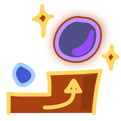 A red step that has a small blue circle on the lower part and a large purple circle with a red outline and glow and two sparkles beside it on the top. There is an arrow pointing up at the purple circle. The image has light line art.